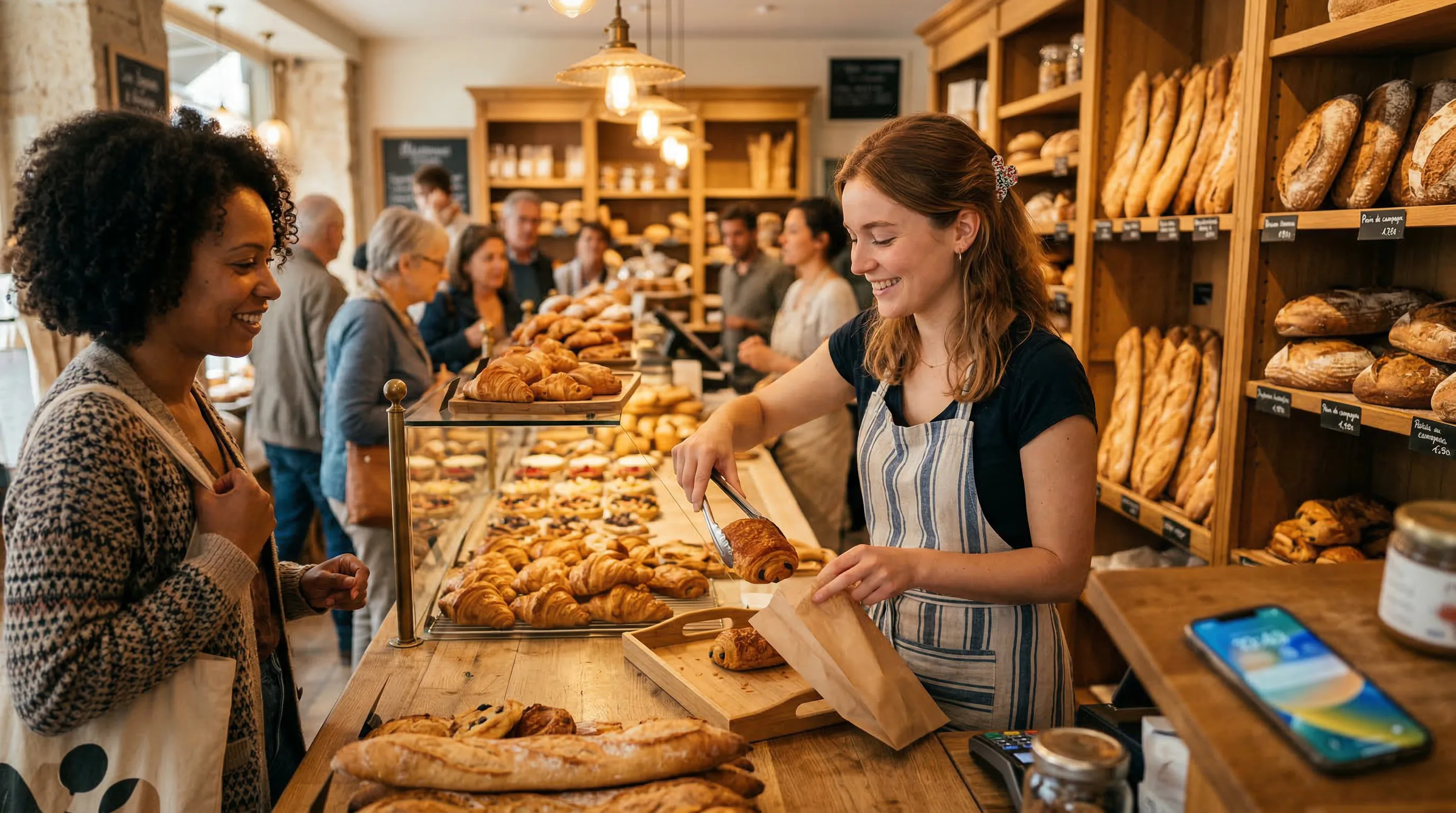 Vendeuse servant un client en boulangerie - Assistant vocal IA CodeFlow Agency