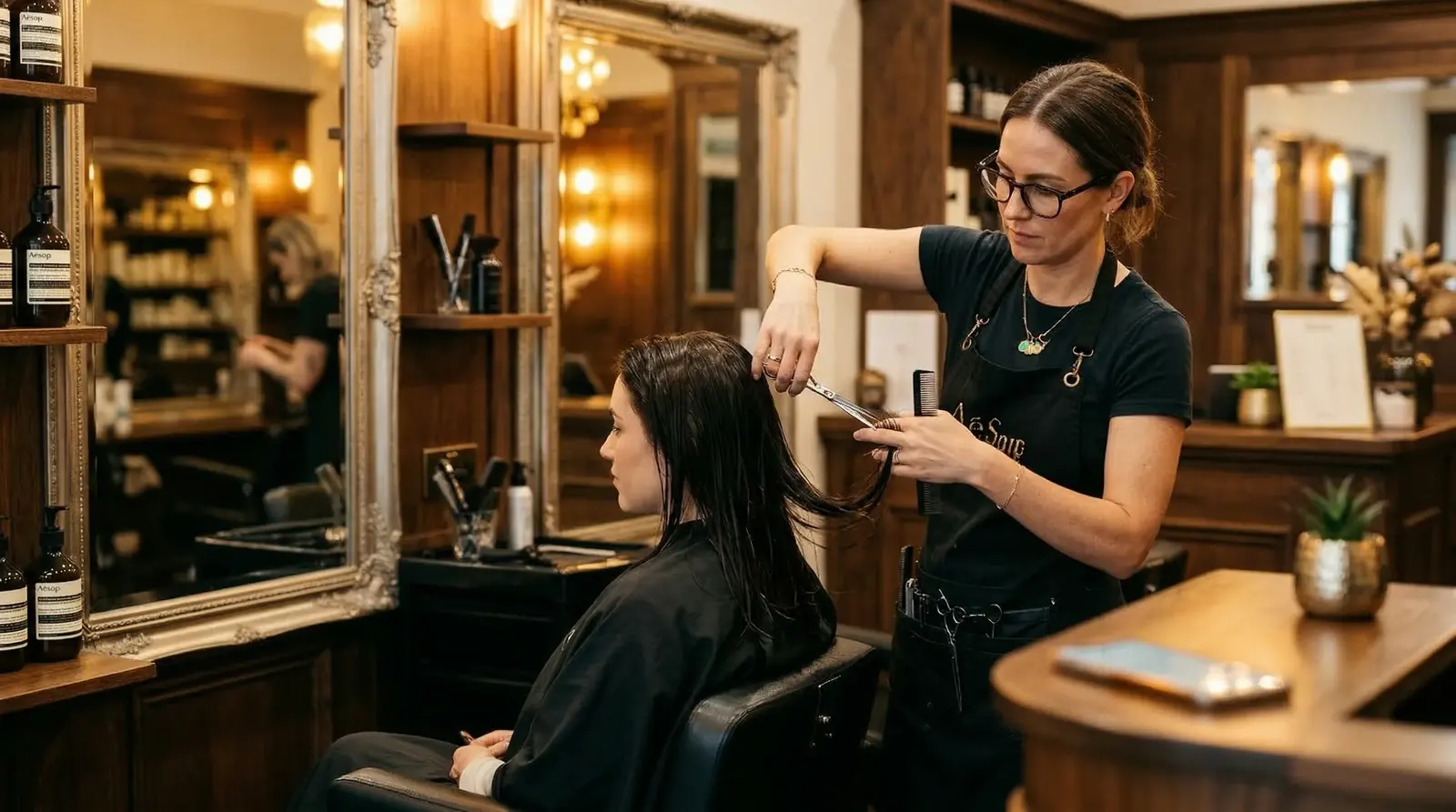 Une coiffeuse réalise une coupe pendant que le salon poursuit son activité