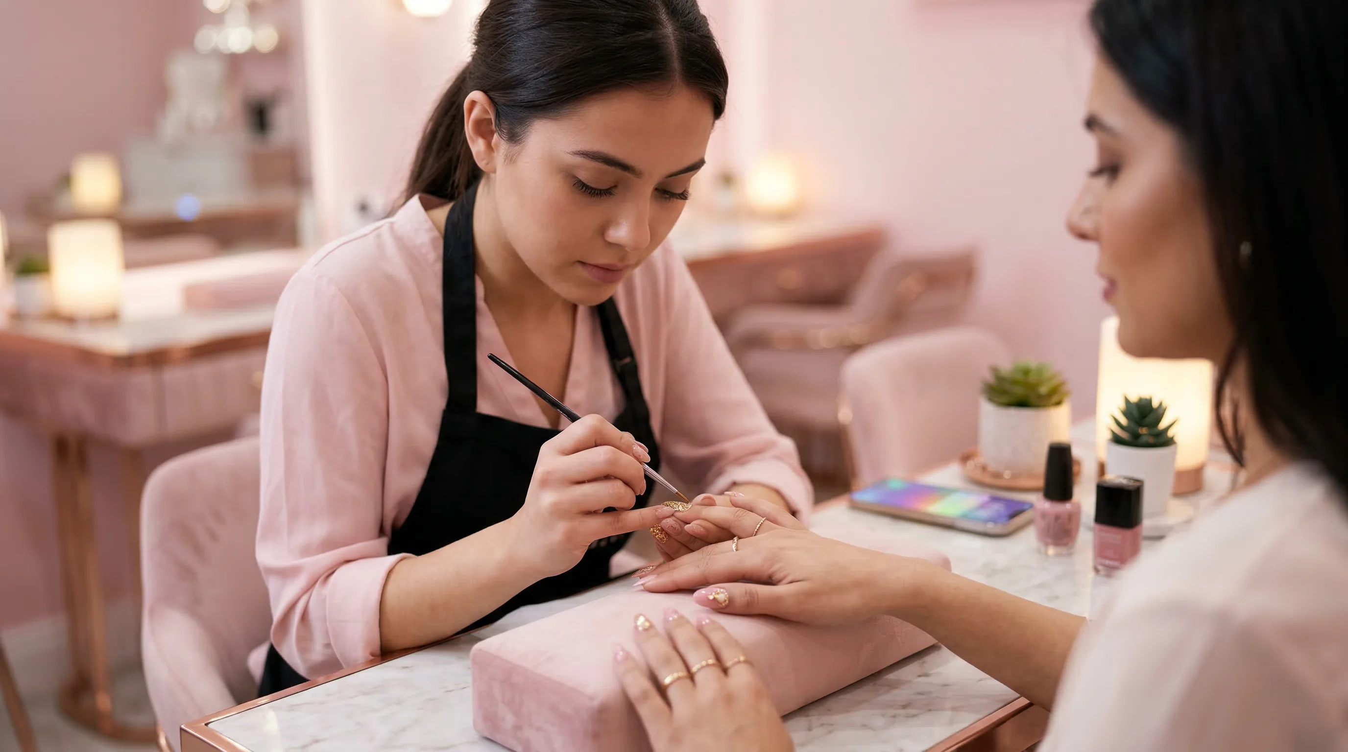 Esthéticienne réalisant un nail art - Assistant vocal IA CodeFlow Agency