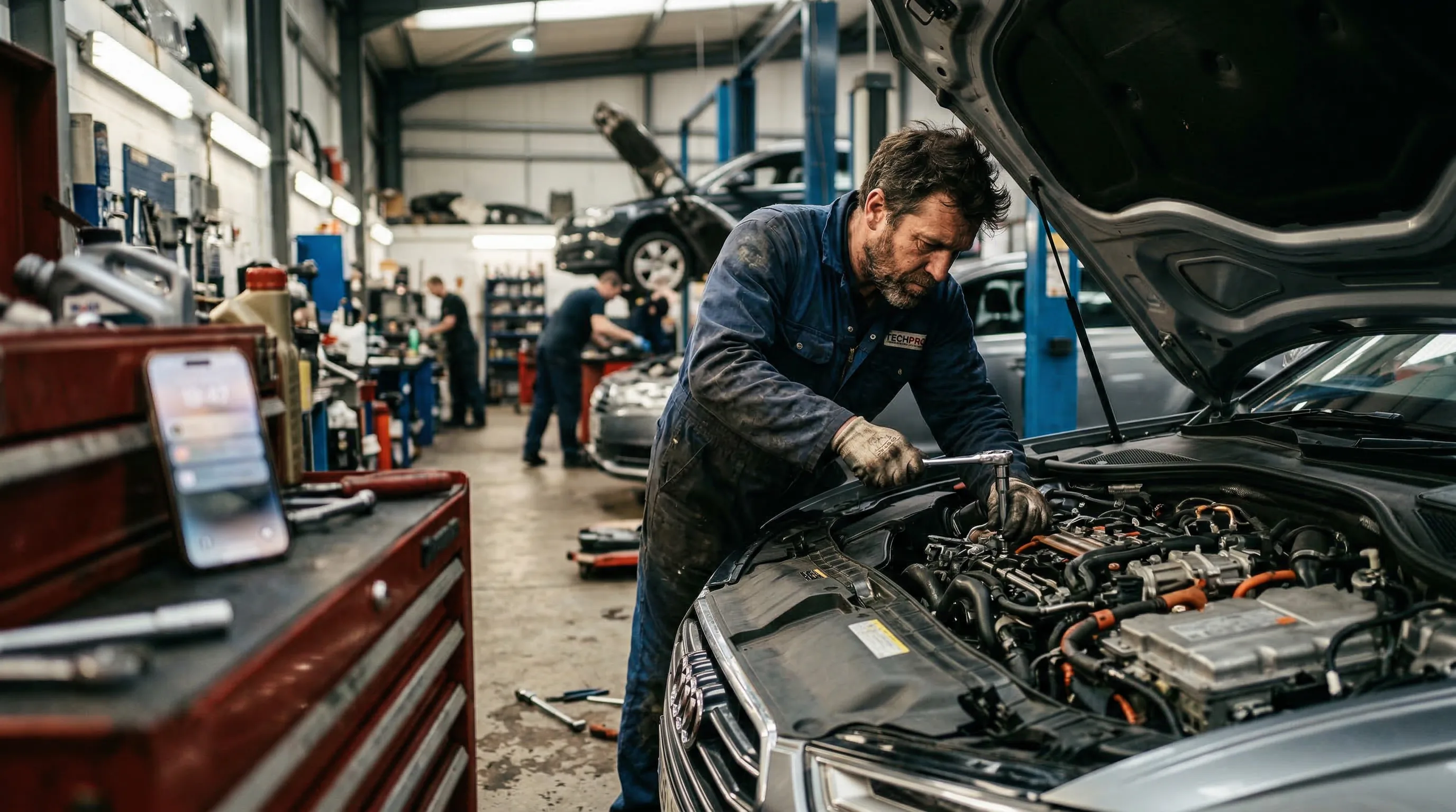 Mécanicien au travail dans son garage - Assistant vocal IA CodeFlow Agency