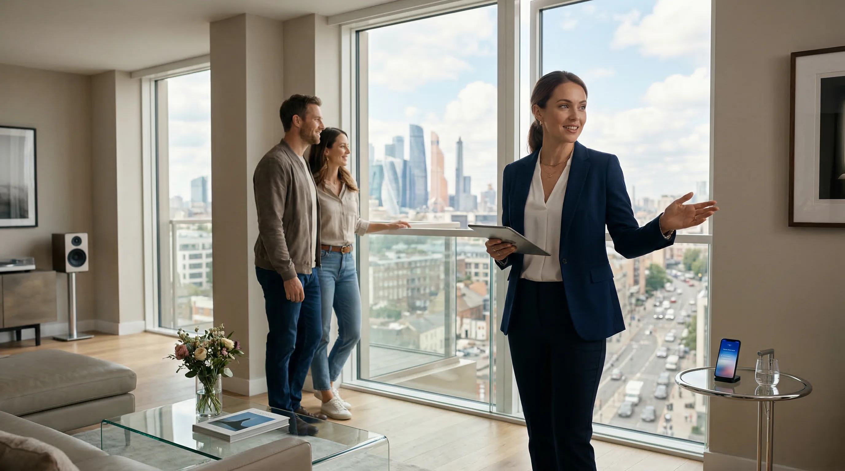 Agente immobilière faisant visiter un appartement - Assistant vocal IA CodeFlow Agency