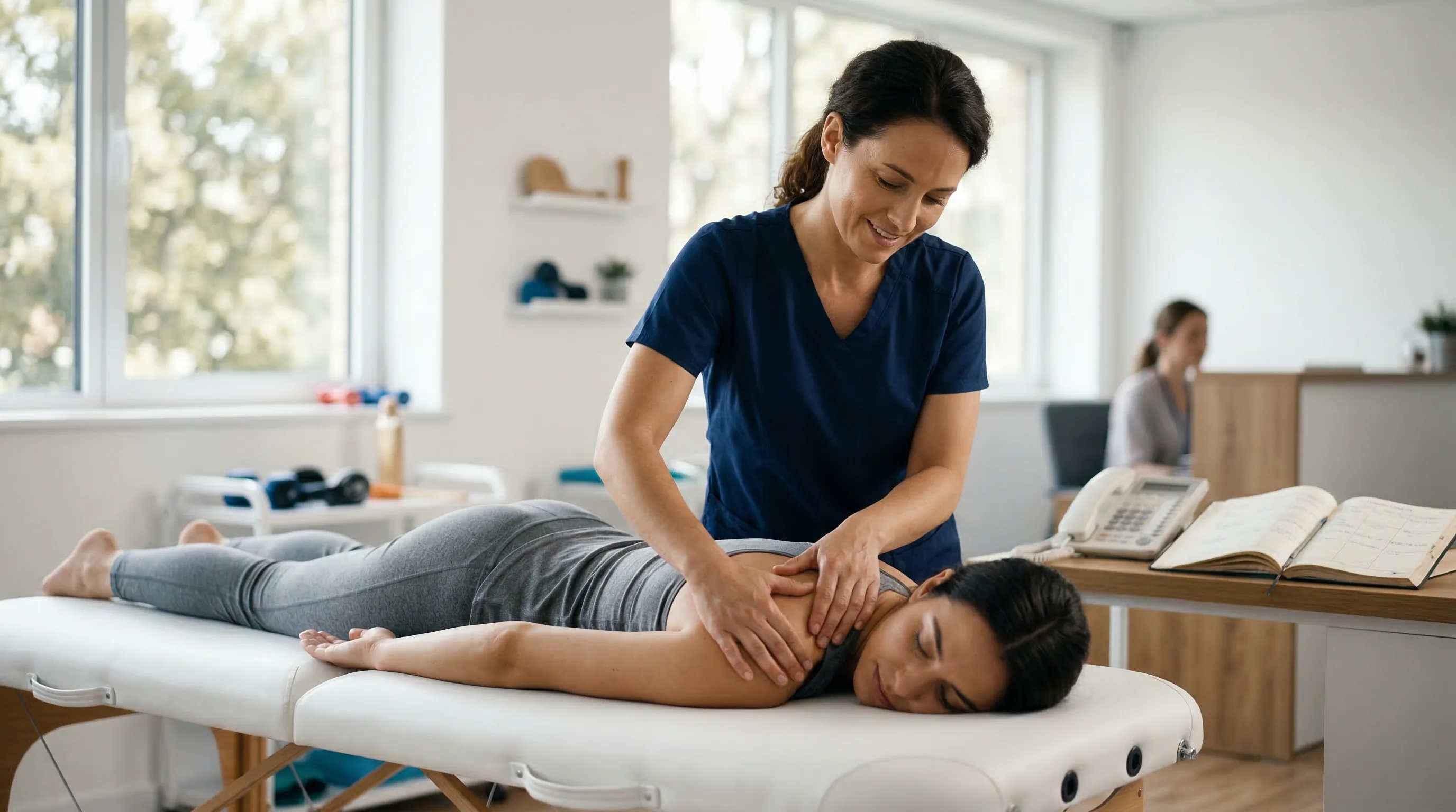 Kinésithérapeute en séance avec sa patiente - Assistant vocal IA CodeFlow Agency