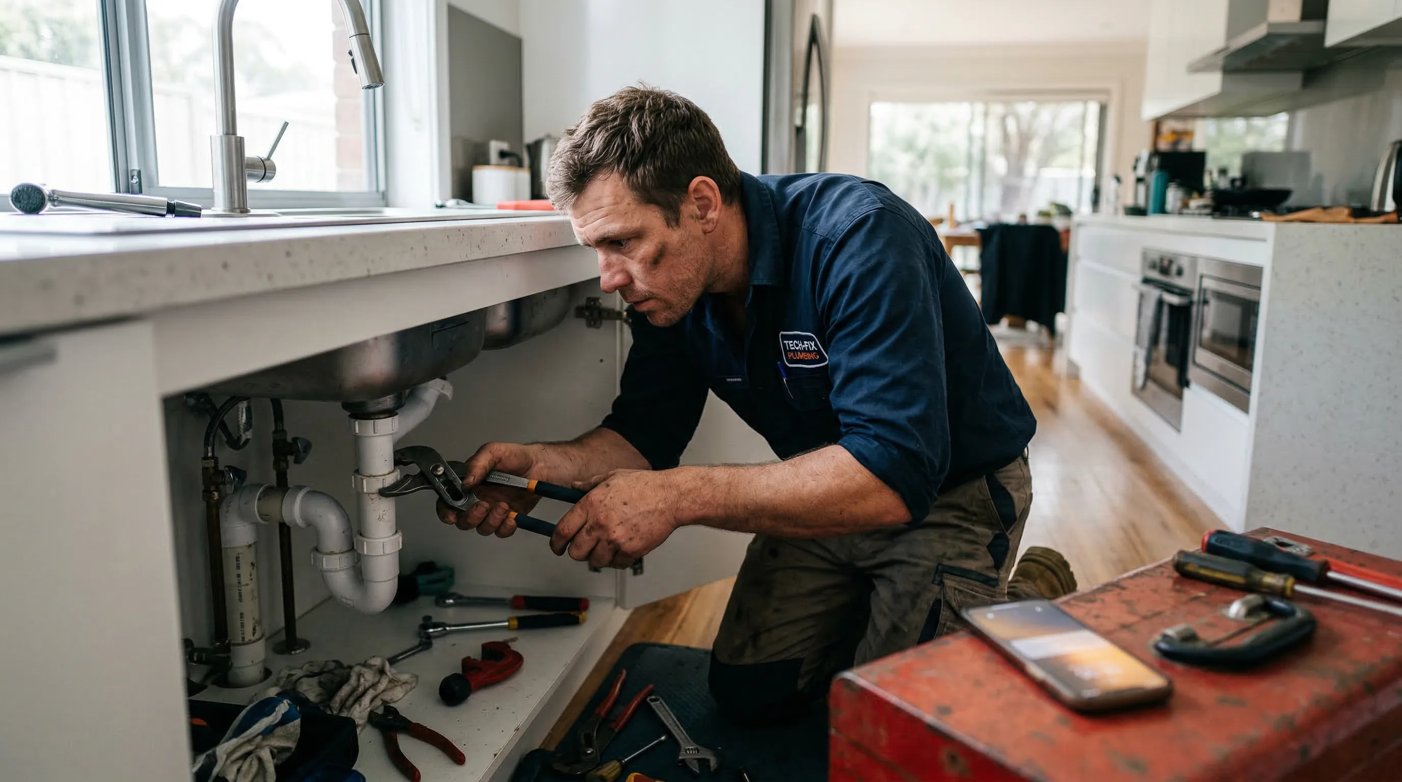 Plombier en intervention chez un client - Assistant vocal IA CodeFlow Agency