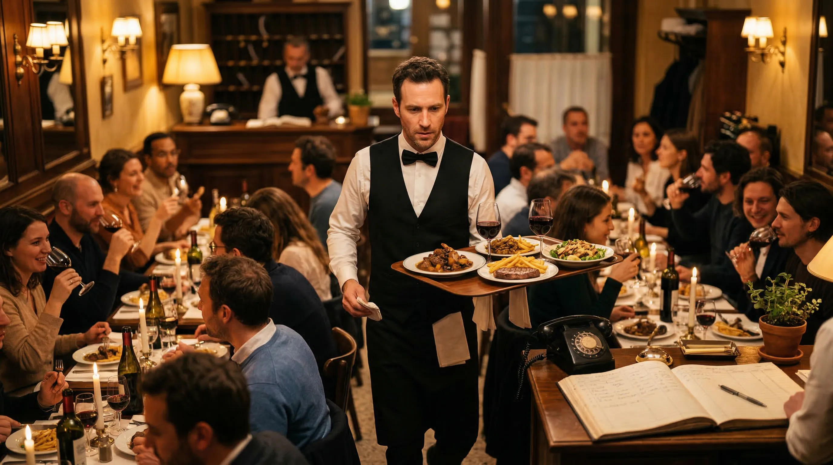 Serveur en plein service dans un restaurant bondé - Assistant vocal IA CodeFlow Agency