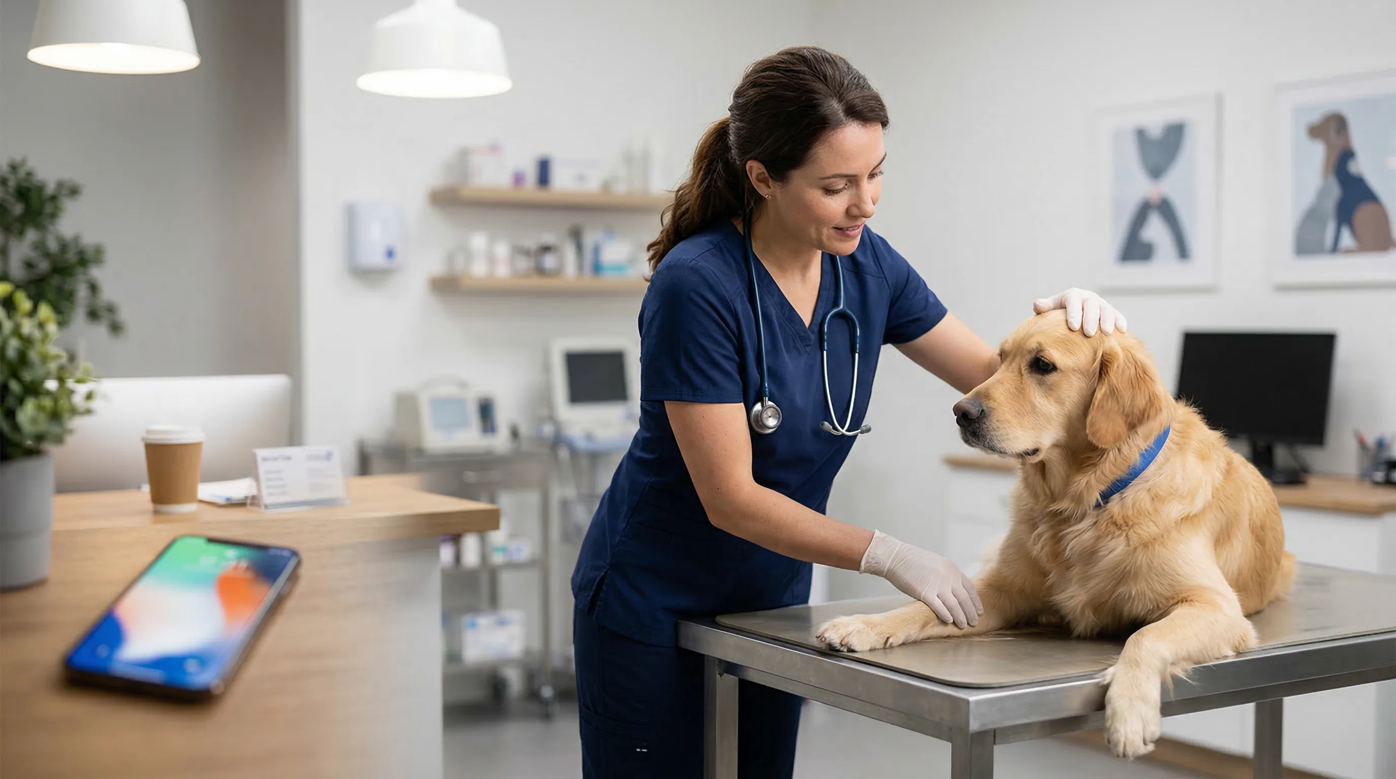 Vétérinaire examinant un chien - Assistant vocal IA CodeFlow Agency