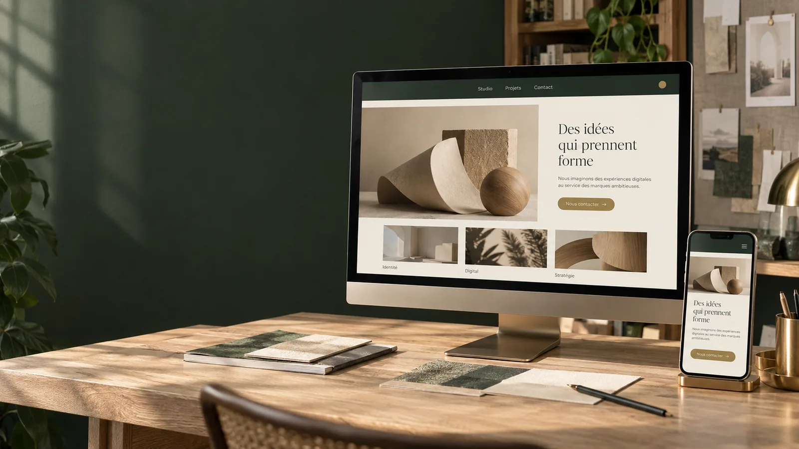 Illustration d’un site de services professionnels sur ordinateur et téléphone, dans un studio aux tons verts et bois.