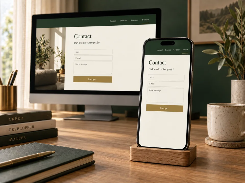 Illustration d’une page de contact sur téléphone, avec le même site affiché sur un ordinateur en arrière-plan.
