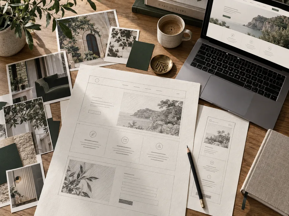 Illustration de maquettes de pages dessinées sur papier, avec un nuancier vert et des photographies sur une table en bois.