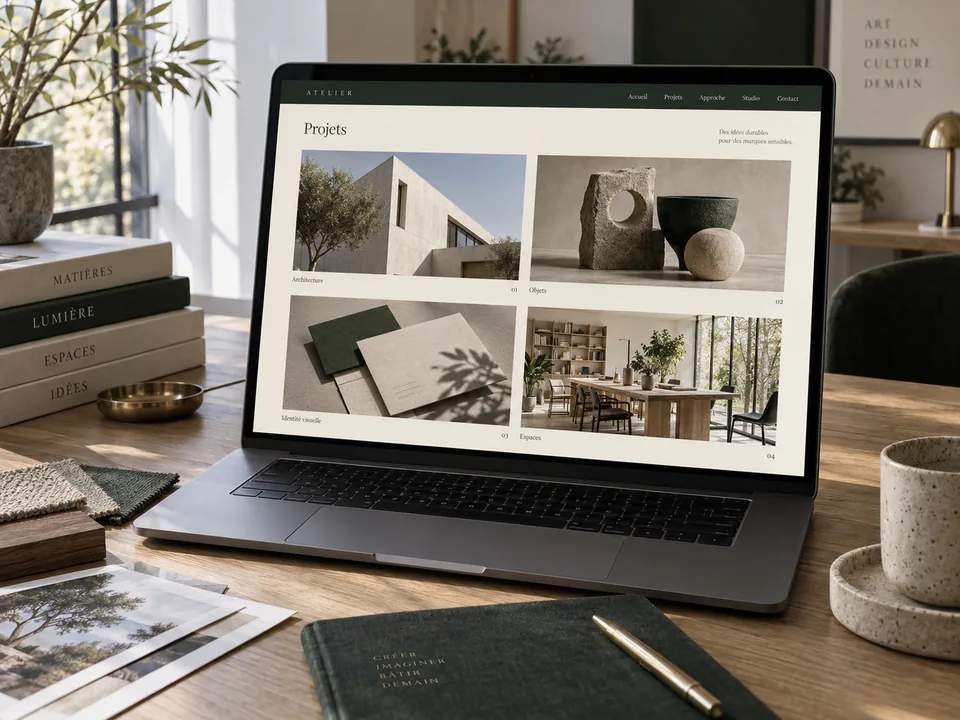 Illustration d’un portfolio sur ordinateur portable, avec une grille de projets et des échantillons photographiques.